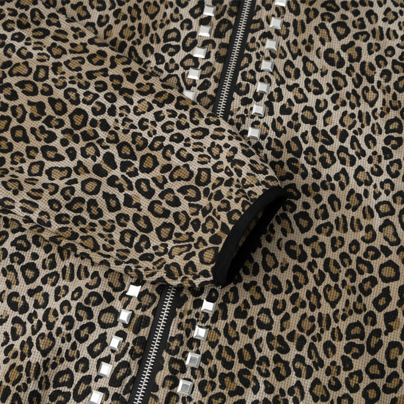 Leopard Print Zip-Up Hoodie with Studded Rhinestone Detail