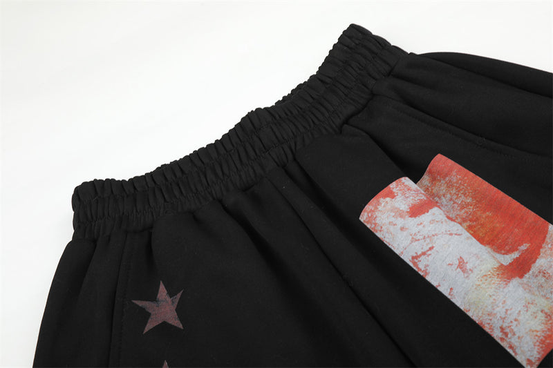 Sweatpants Men Black Wide-Leg Star & Graphic Print Hip-Hop Joggers