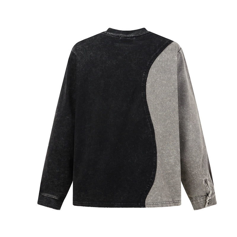 Acid Wash Colorblock Long Sleeve Sweatshirt with Cargo Pockets