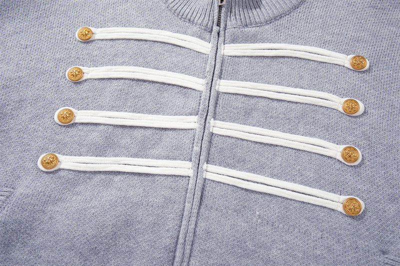 Military Knit Zip-Up Cardigan Sweater with Braided Cord & Button Detail