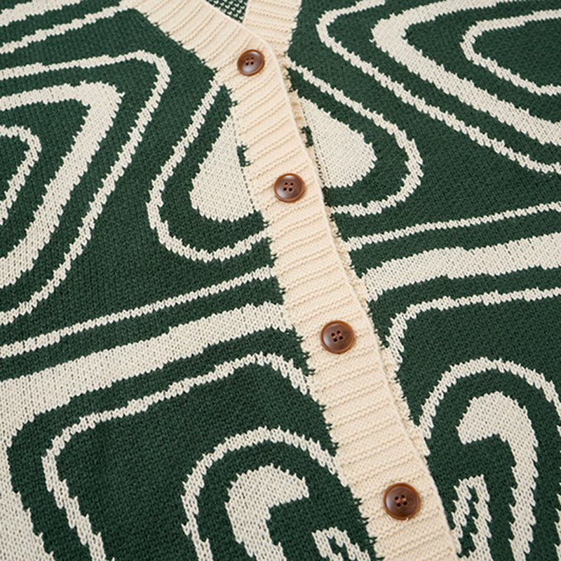 Abstrakter Wirbel-Strickcardigan – Oversized Pullover mit V-Ausschnitt und Knopfleiste