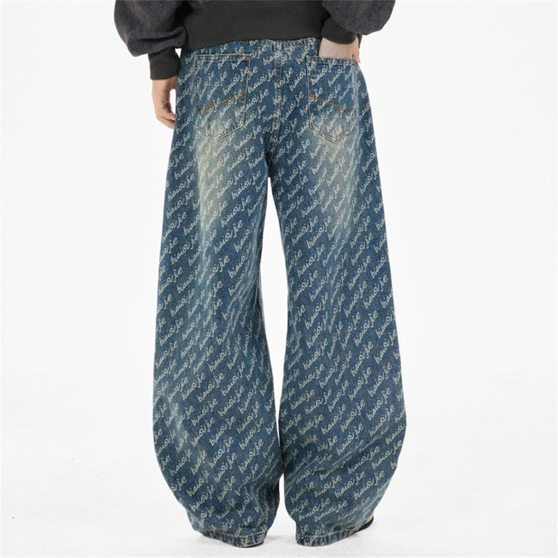 Men's Wide-Leg Jeans – Allover Script Letter Print, Loose Straight Fit