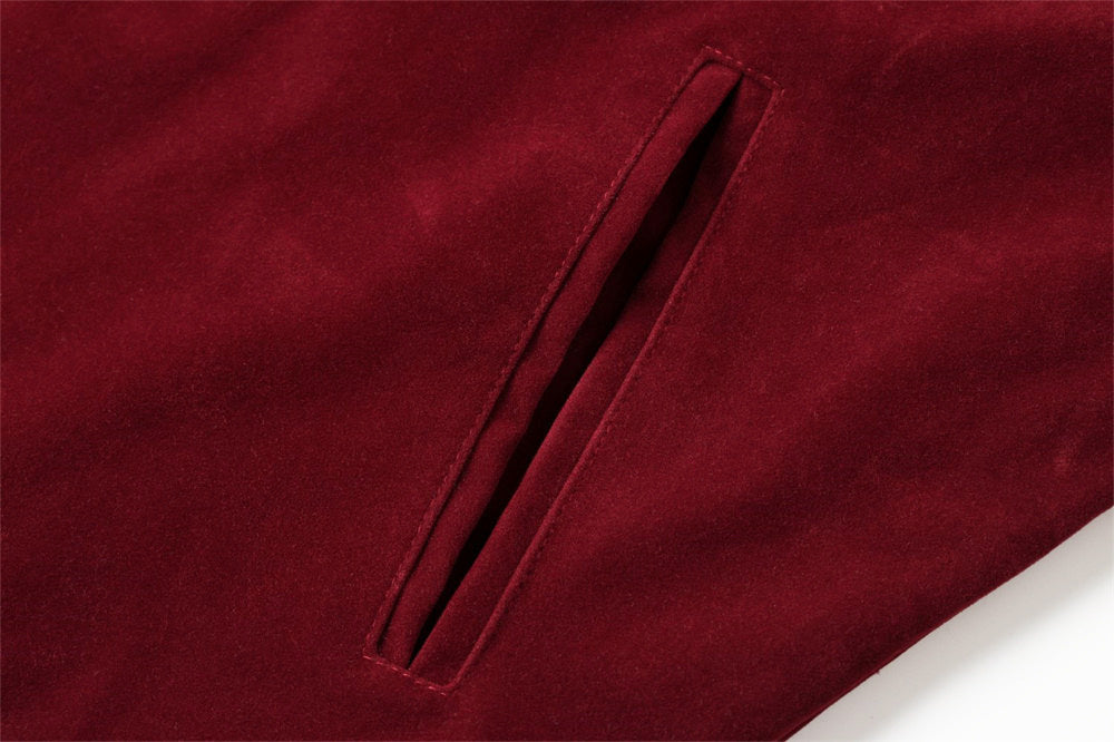 Velvet Zip-Up Jacket – Vintage Cross & Figure Print, Contrast Collar