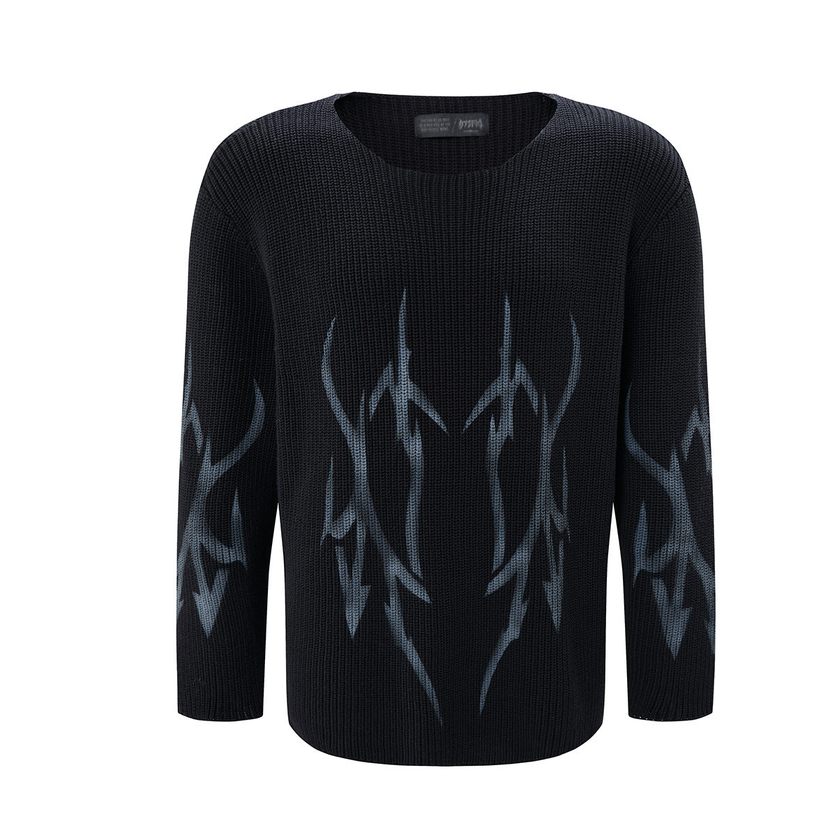 Pull noir oversize en maille épaisse à col rond, motif jacquard tribal de flammes gris foncé devant et dos, coupe streetwear