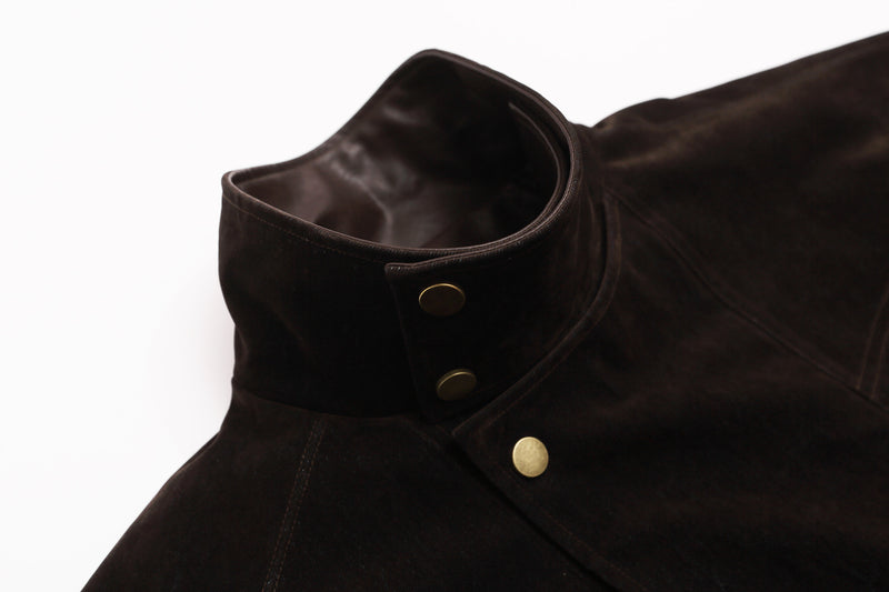 Dark Brown Suede Moto Jacket – Snap Button Stand Collar Belted Harrington