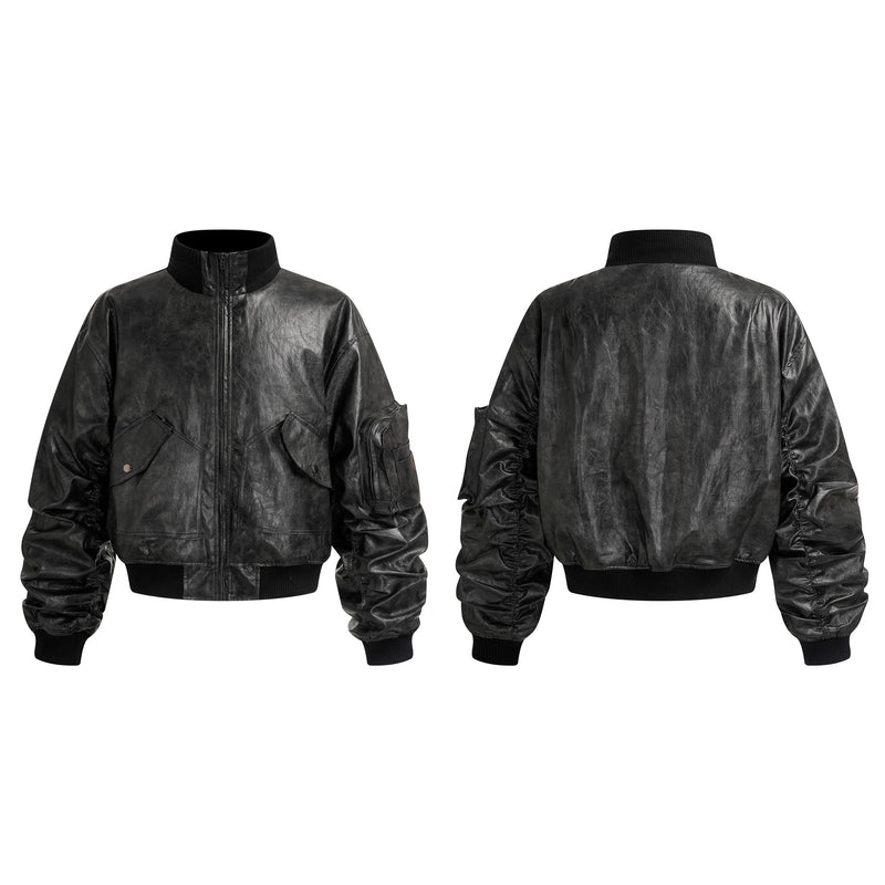 Black Faux Leather Bomber Jacket with Ruched Sleeves & Cargo Pockets