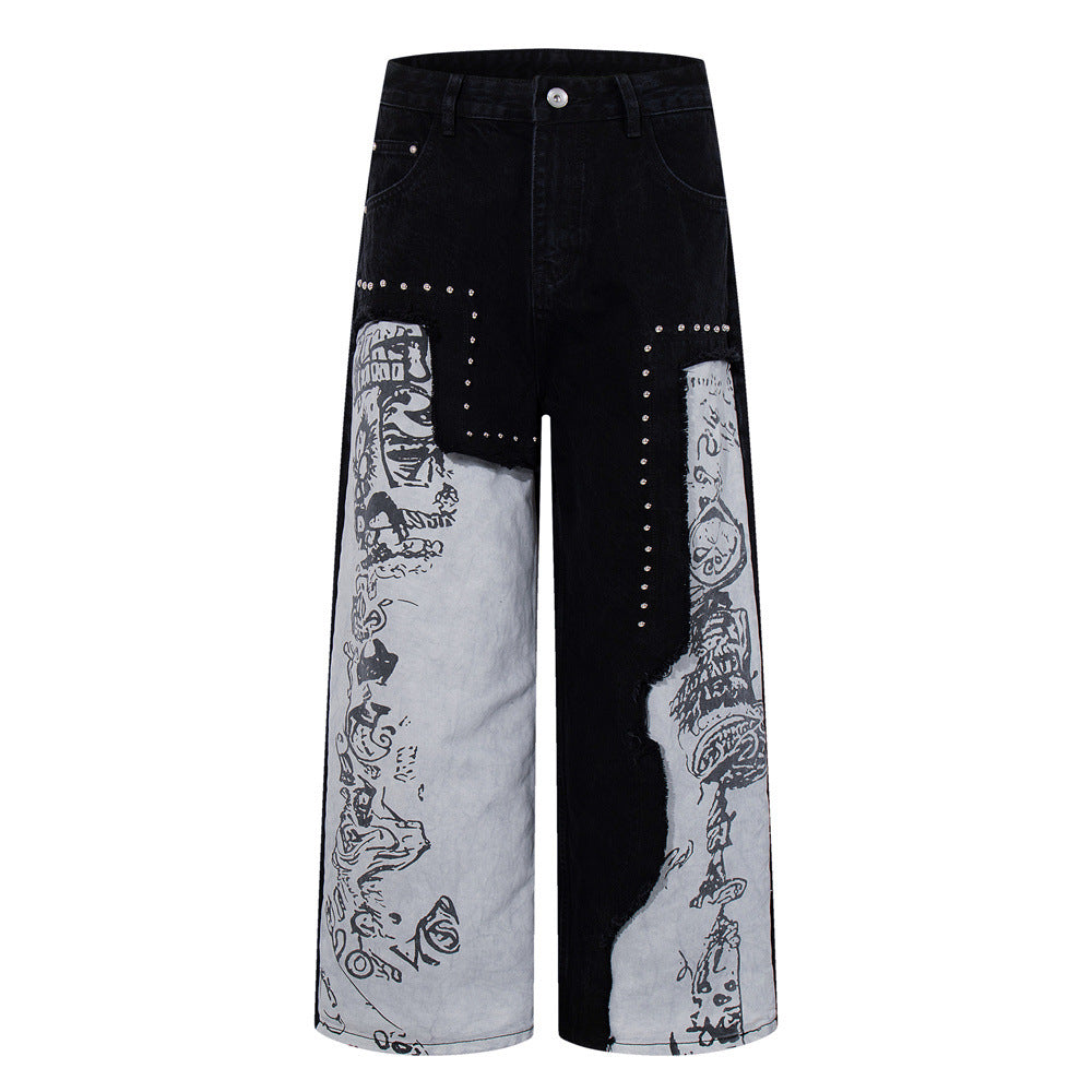 Wide-Leg Patchwork Jeans – Graffiti Print Panels & Studded Detail