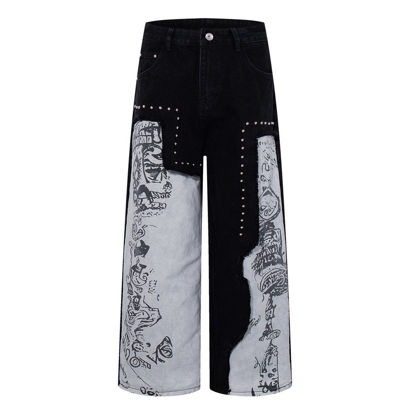Wide-Leg Patchwork Jeans – Graffiti Print Panels & Studded Detail