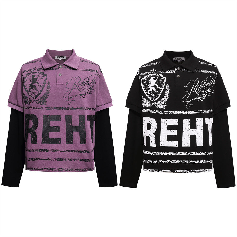 Men's Graphic Print Polo Layered Long-Sleeve Shirt – Streetwear Hip-Hop Style