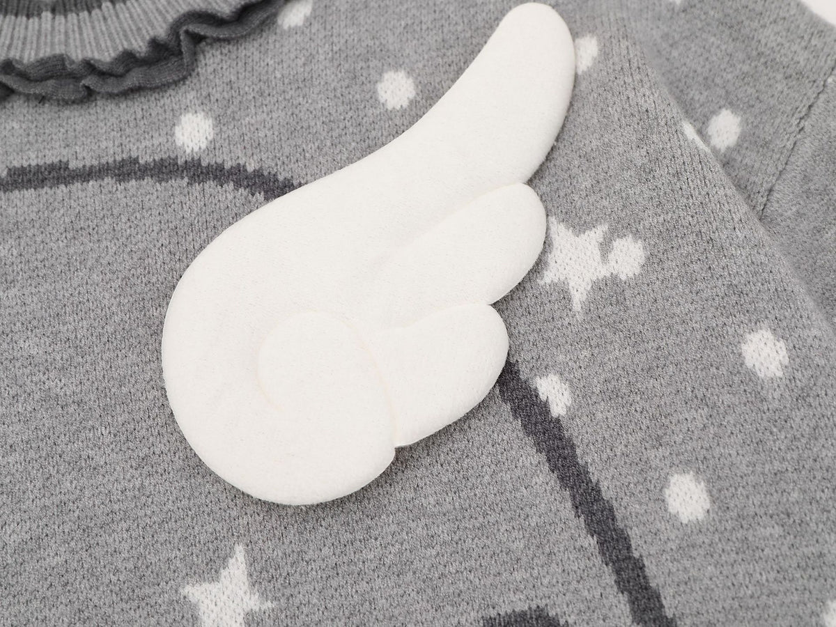 Anime Girl Jacquard Knit Sweater with 3D Angel Wing Patch & Polka Dot Print