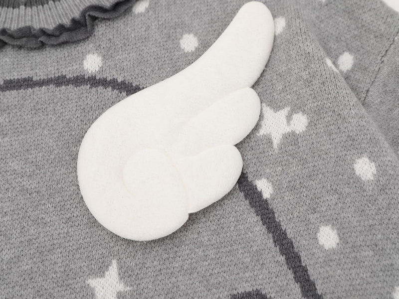 Anime Girl Jacquard Knit Sweater with 3D Angel Wing Patch & Polka Dot Print
