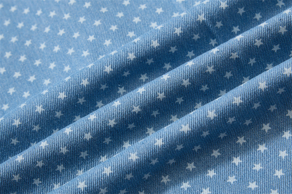 Short Sleeve Button-Up Shirt – All-Over Star Print with Varsity Graphic & Denim