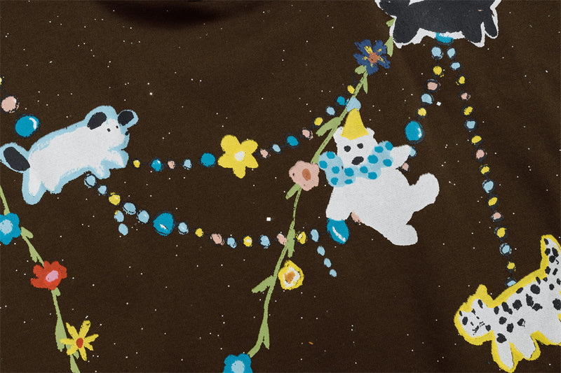 Cartoon Animal Chain Floral Graphic Oversized Hoodie – Inkjet Speckle Print