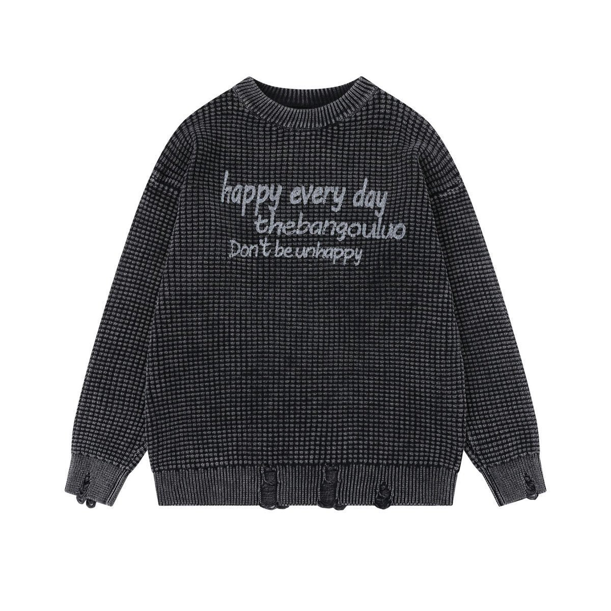Men's oversized washed waffle knit crewneck sweater with graphic lettering and distressed hem in washed black