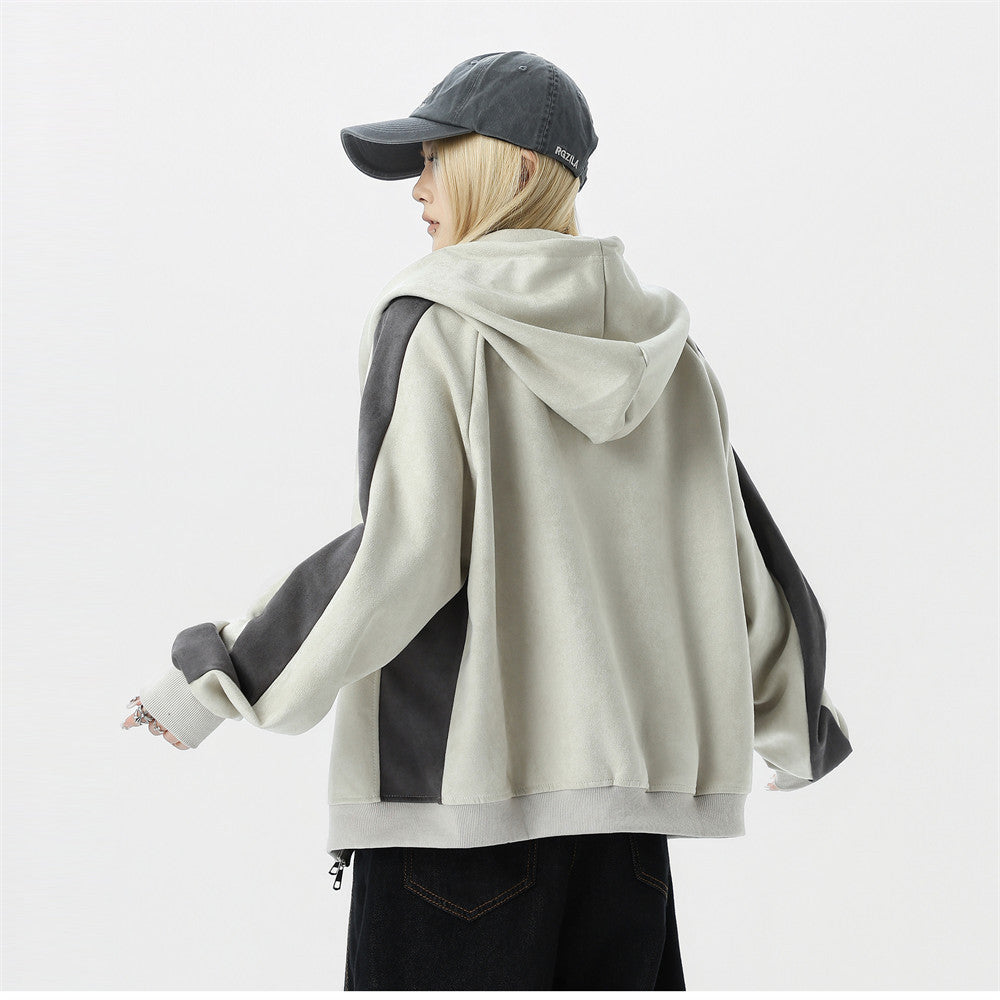 GLFS Colorblock Oversized Zip Up Hoodie – Distressed Letter Print, Dual Zipper