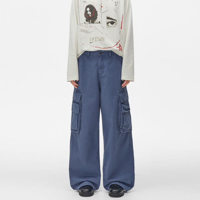 Pantalon cargo homme à jambes larges – Pantalon droit délavé à poches multiples