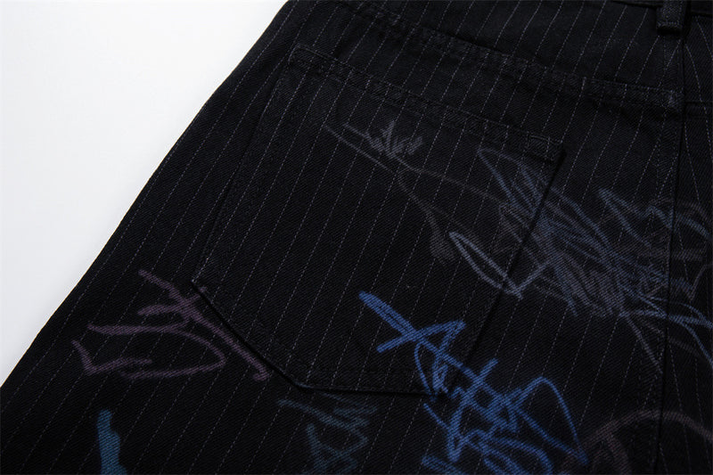 Graffiti Print Pinstripe Wide-Leg Jeans – Relaxed Straight Fit