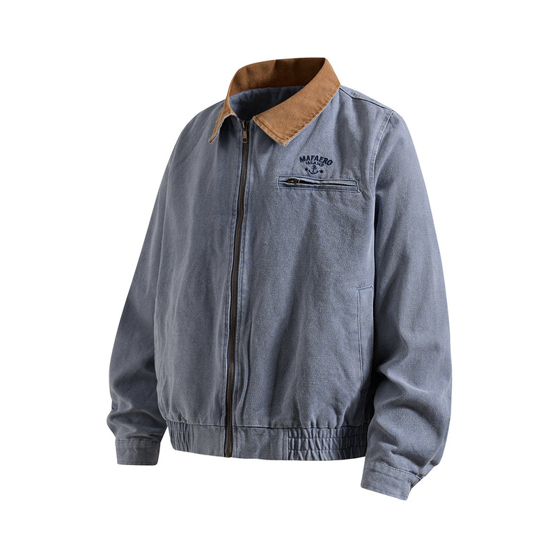Chaqueta de lona lavada workwear con cuello de pana – Estilo barn de corte cuadrado