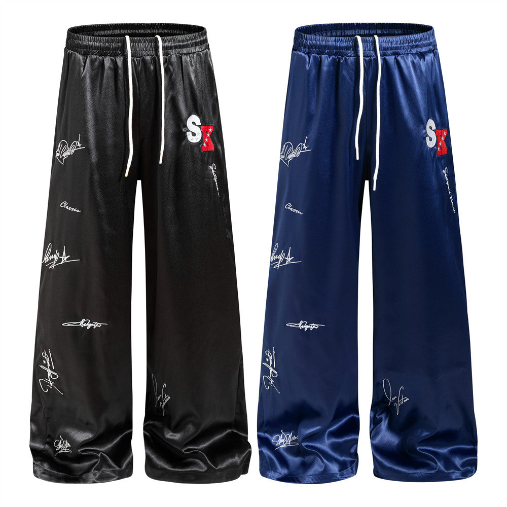 Wide Leg Satin Pants – Signature Print, Elastic Drawstring Waist