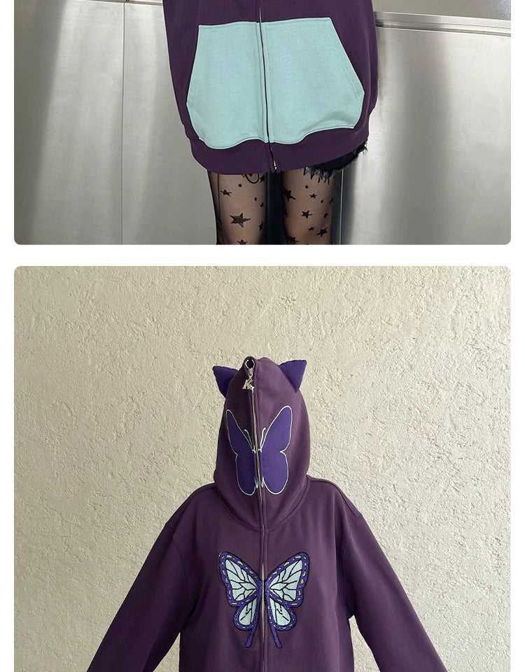 Butterfly Hoodie - 400GSM Oversized Purple and Mint Green Zip-Up Sweatshirt with Ear Design