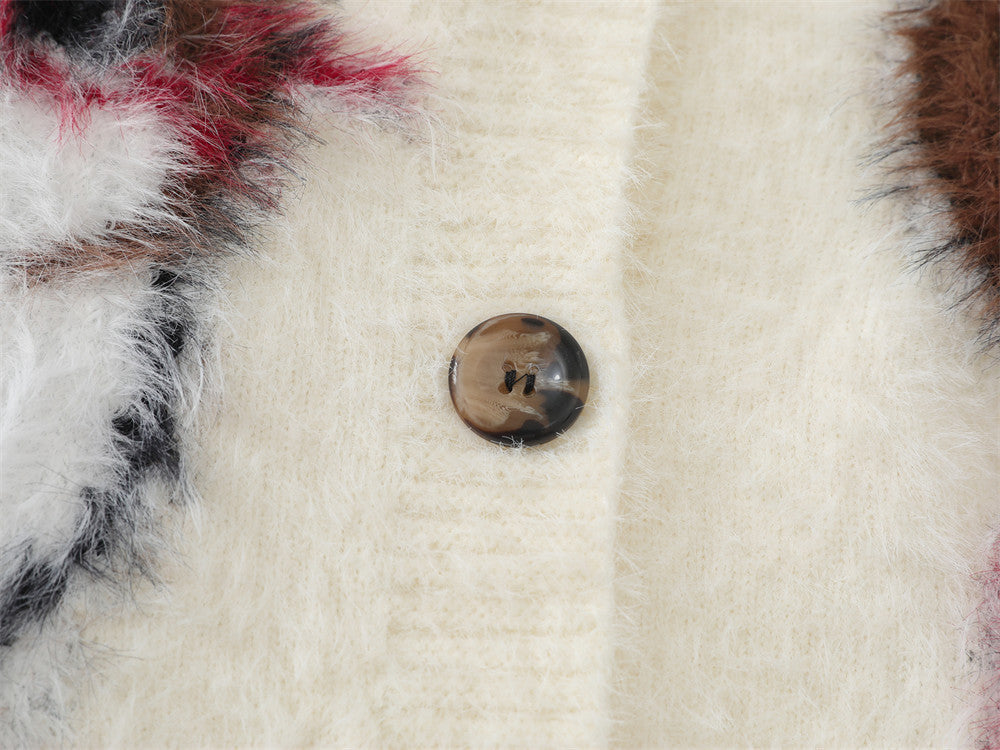 Cat Cartoon Fuzzy Knit Cardigan Sweater – Crew Neck Button-Front