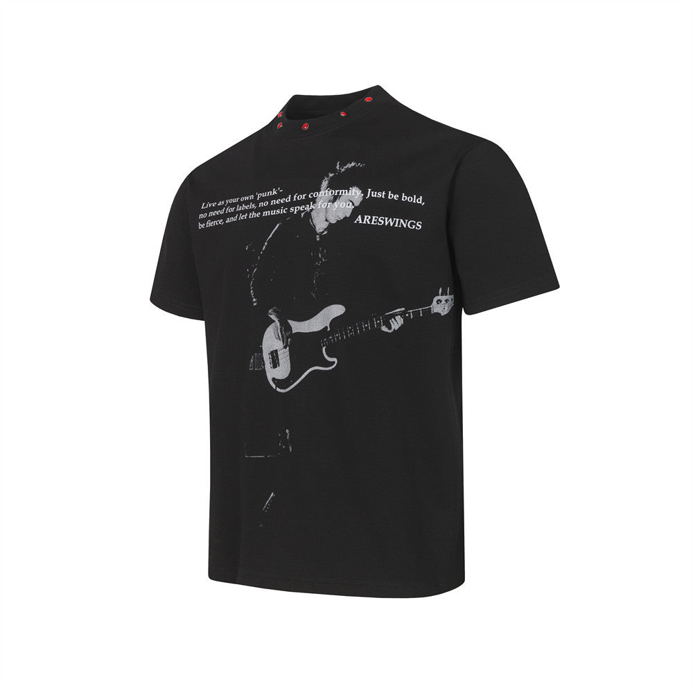 ARESWINGS Punk Guitarist Graphic T-Shirt with Red Studded Collar