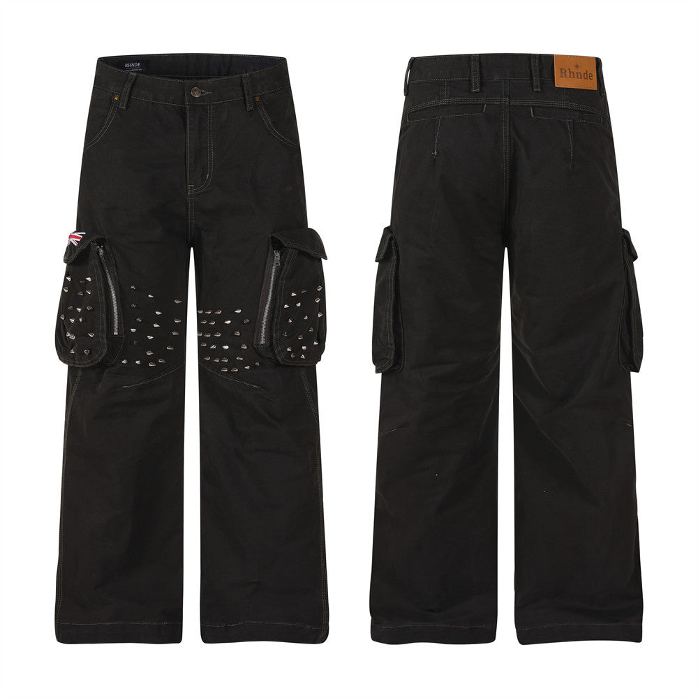 Rhnde men black cargo pants with silver studded zipper cargo pockets and wide-leg straight fit, front and back view