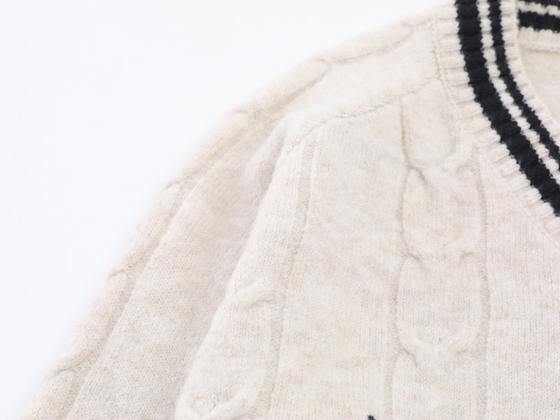 Cable Knit V-Neck Varsity Sweater – Number 8 Collegiate Pullover