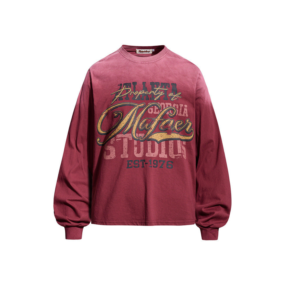 Burgundy long sleeve crew neck shirt with vintage graphic on the front