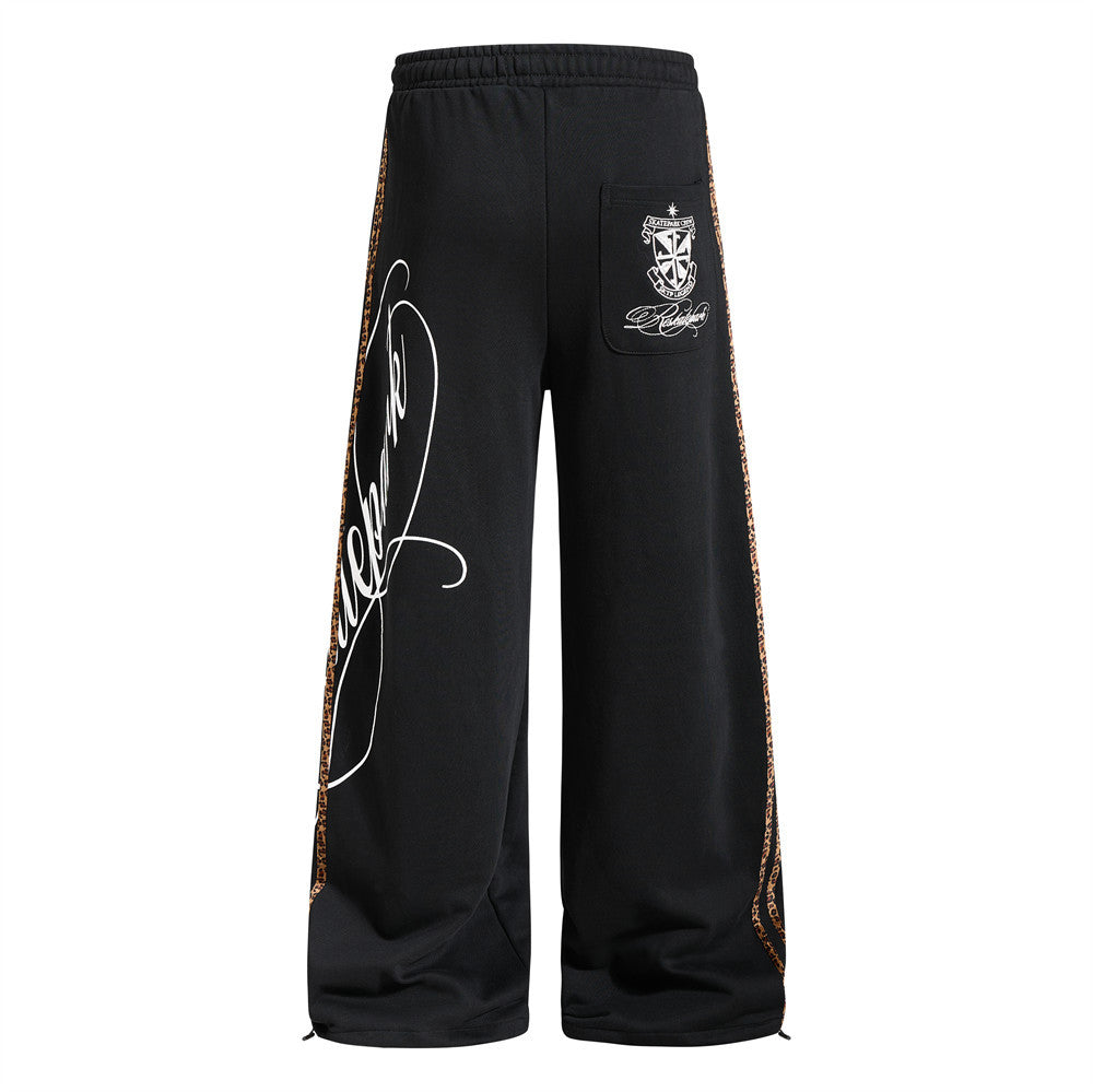 Dark Streetwear Wide-Leg Sweatpants with Leopard Side Tape & Script Print