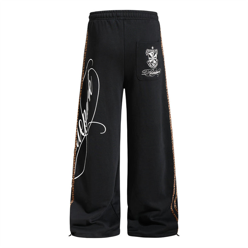 Dark Streetwear Wide-Leg Sweatpants with Leopard Side Tape & Script Print