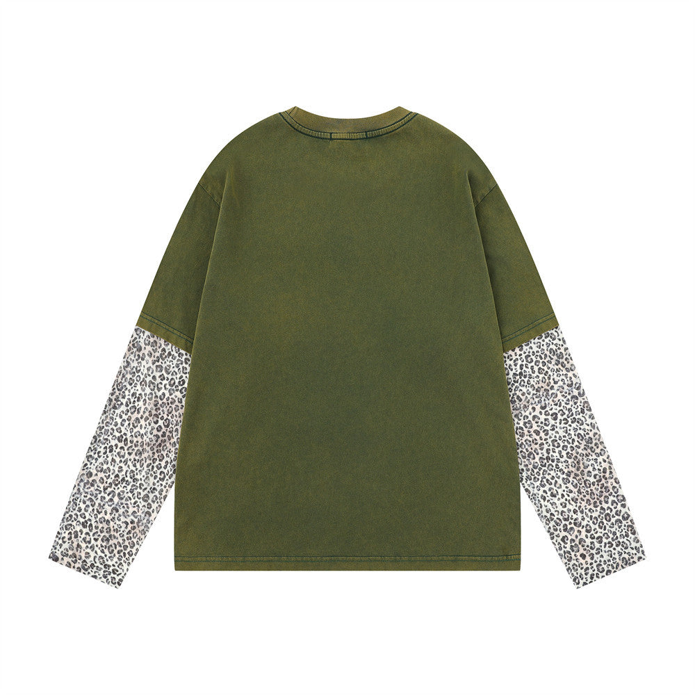 T-shirt à manches longues effet deux pièces avec manches imprimées léopard – Motif cœur, style punk délavé
