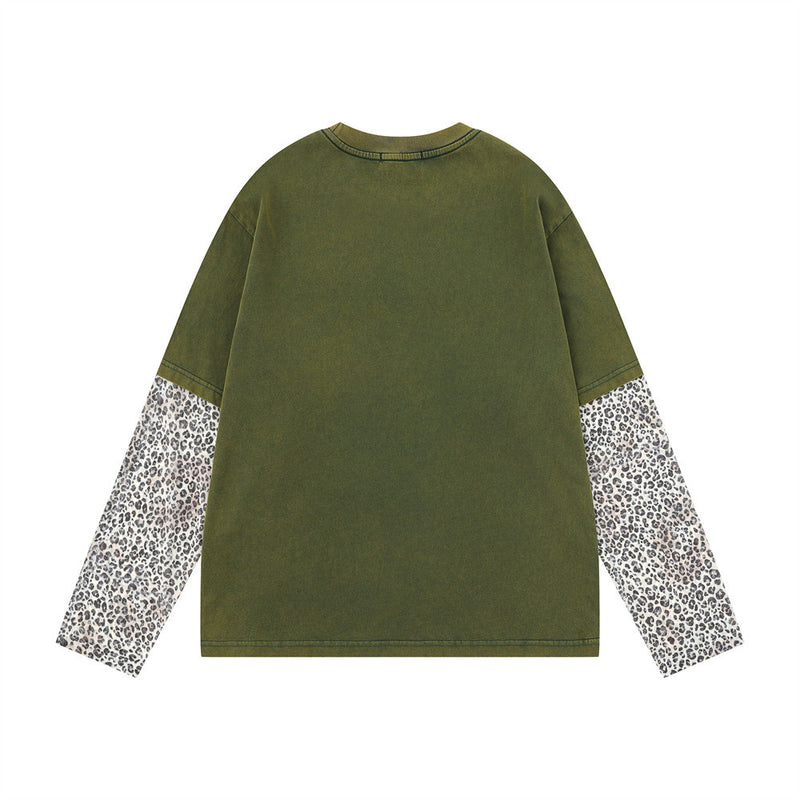 T-shirt à manches longues effet deux pièces avec manches imprimées léopard – Motif cœur, style punk délavé