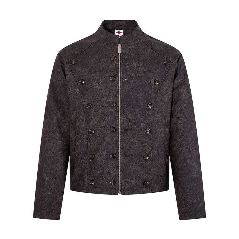 Double-Breasted PU Leather Moto Jacket – Vintage Napoleon Style