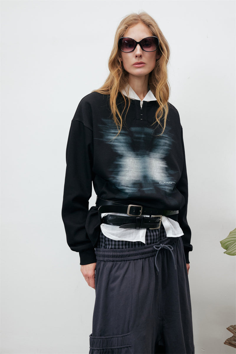 Oversized Butterfly Blur Graphic Long Sleeve Sweatshirt – Relaxed Fit Henley