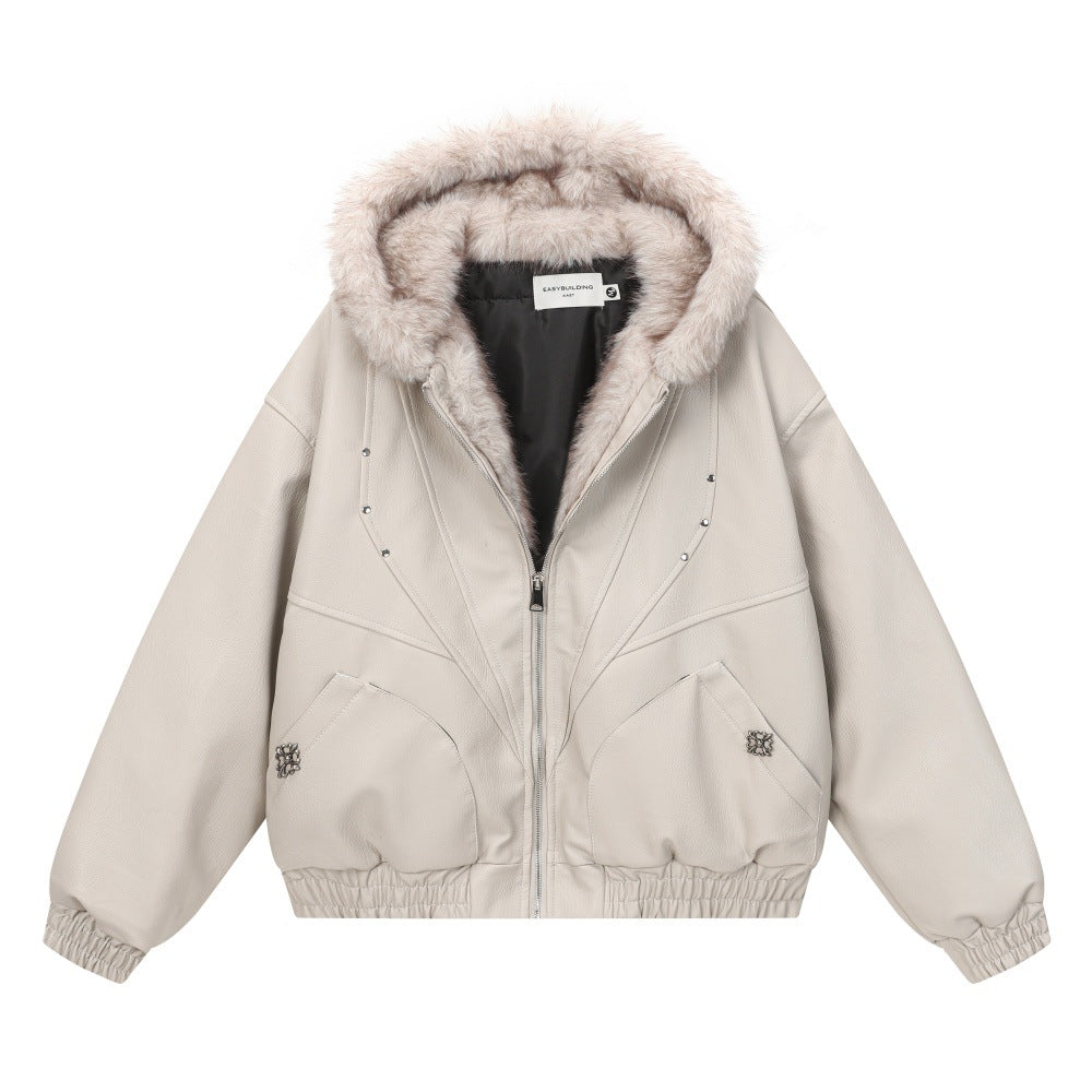 Men's Studded Deconstructed PU Leather Hooded Jacket with Faux Fur Collar