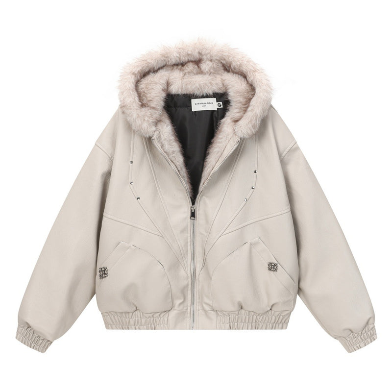 Men's Studded Deconstructed PU Leather Hooded Jacket with Faux Fur Collar