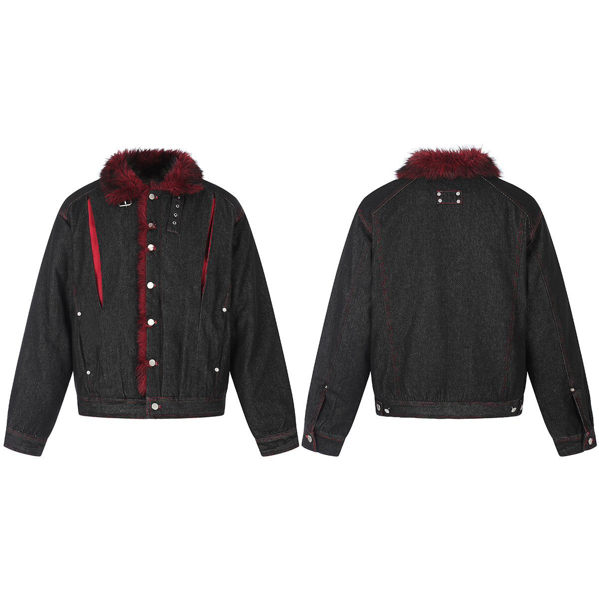 Black Denim Fur Collar Padded Jacket with Red Trim & Snap Buttons