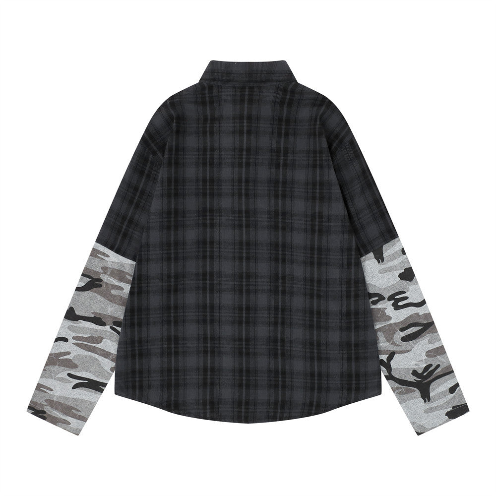 Men's Plaid & Camo Splice Long Sleeve Shirt with Figure Graphic Print