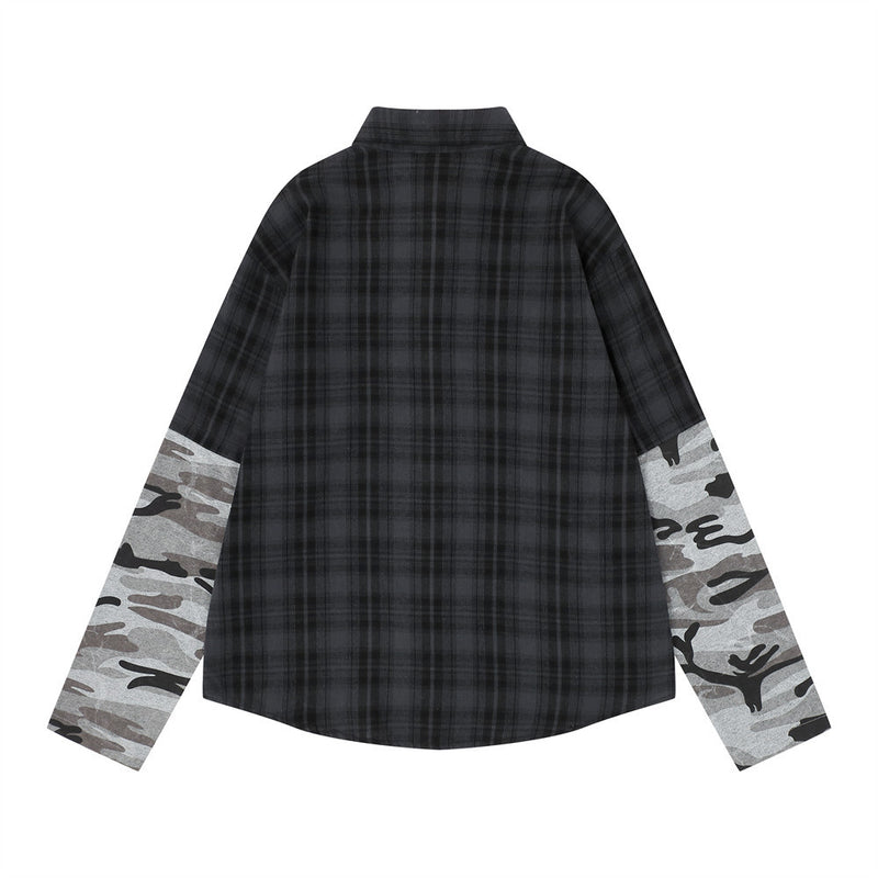 Men's Plaid & Camo Splice Long Sleeve Shirt with Figure Graphic Print