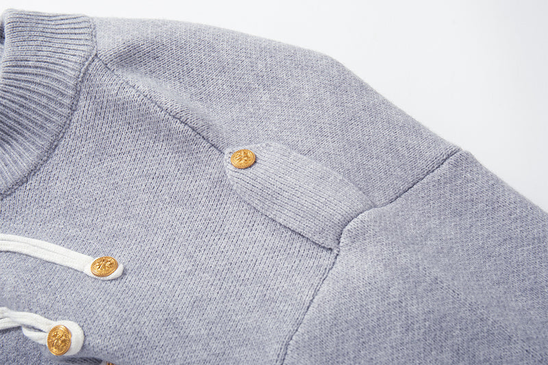 Military Knit Zip-Up Cardigan Sweater with Braided Cord & Button Detail