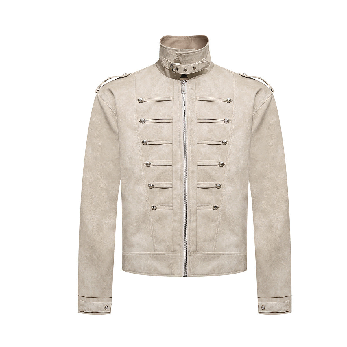 Military-Style Faux Leather Jacket – Punk Band Collar with Decorative Buttons