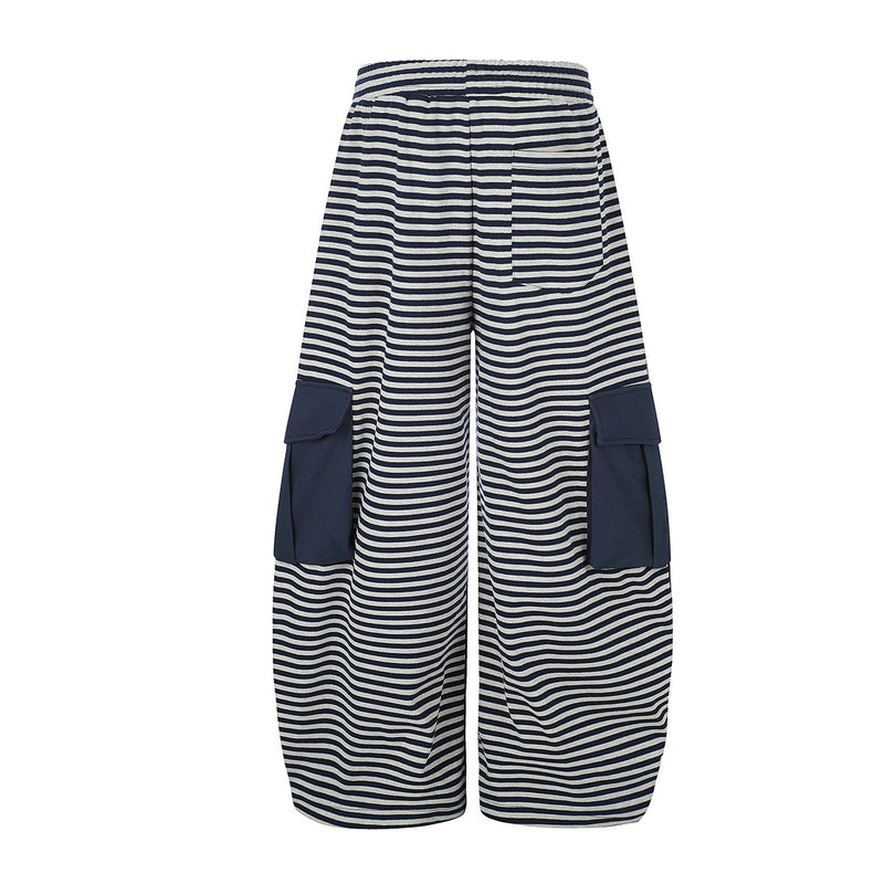 Wide-Leg Cargo Sweatpants with Striped Waistband – Relaxed Fit Parachute Pants