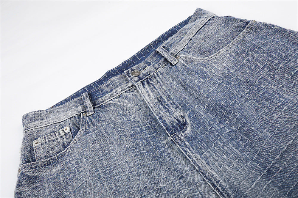Men's Wide-Leg Denim Shorts – Relaxed Fit Jacquard Textured Jean Shorts