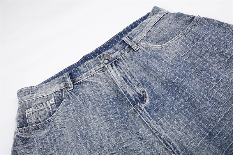 Men's Wide-Leg Denim Shorts – Relaxed Fit Jacquard Textured Jean Shorts