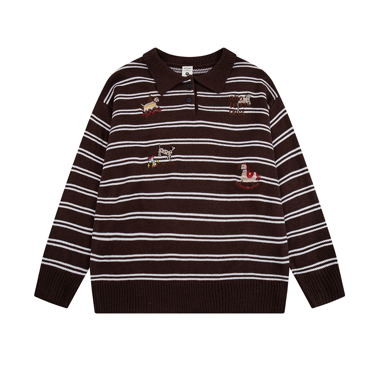 Striped Polo Knit Sweater with Cartoon Embroidery – Relaxed Unisex Pullover
