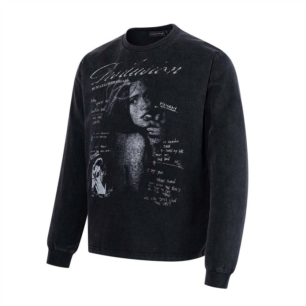 Punk Vintage Graphic Long Sleeve T-Shirt – Washed Black Oversized Crew Neck