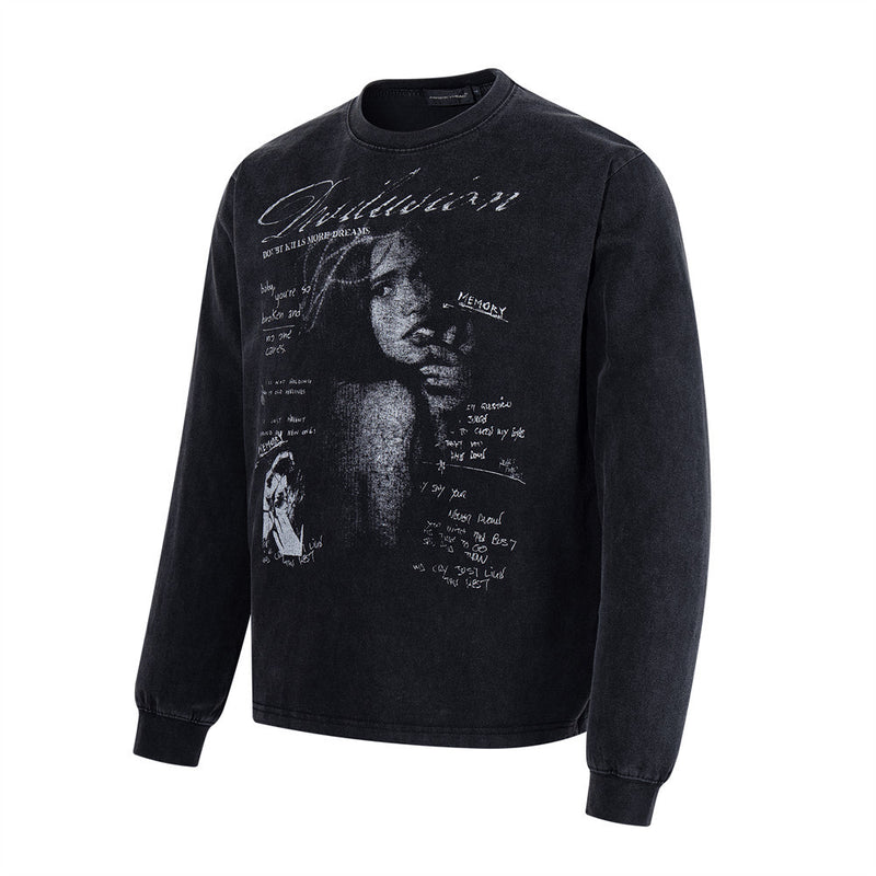 Punk Vintage Graphic Long Sleeve T-Shirt – Washed Black Oversized Crew Neck