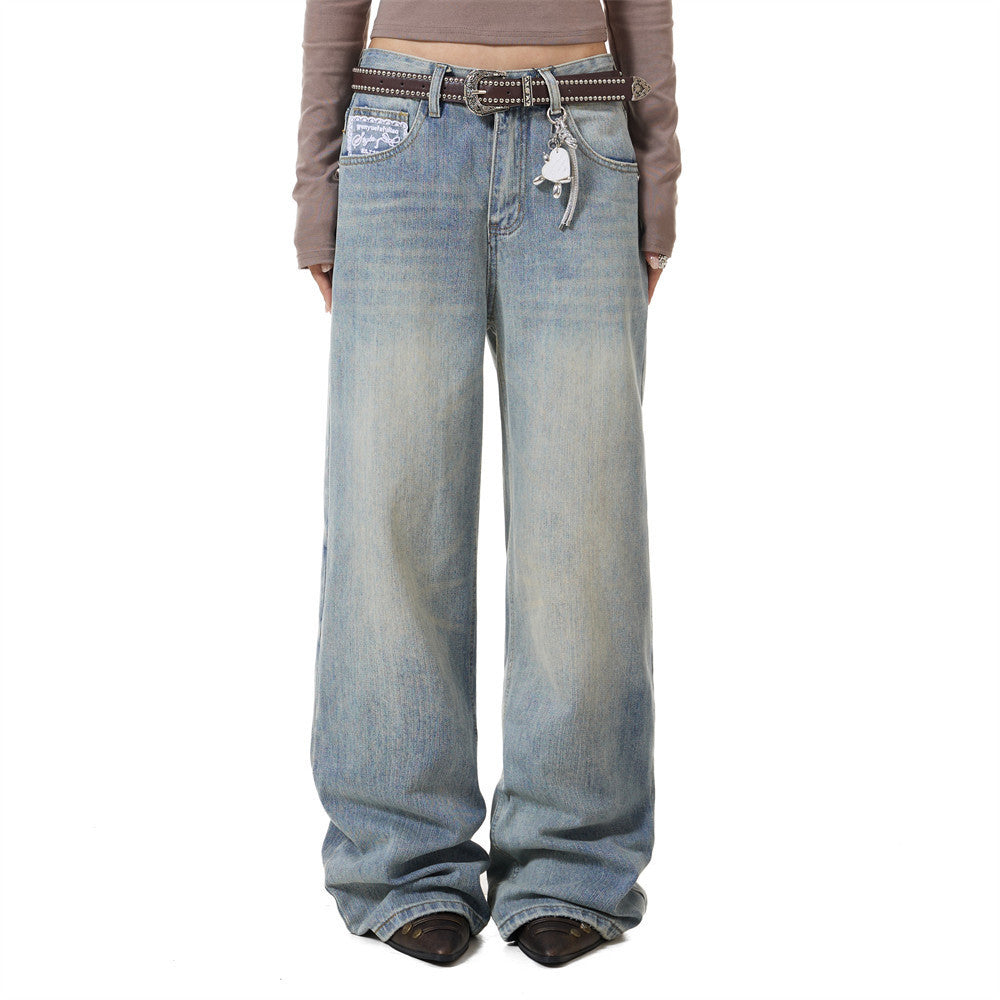 Men's wide-leg baggy jeans in vintage washed black and light blue denim with straight-cut silhouette
