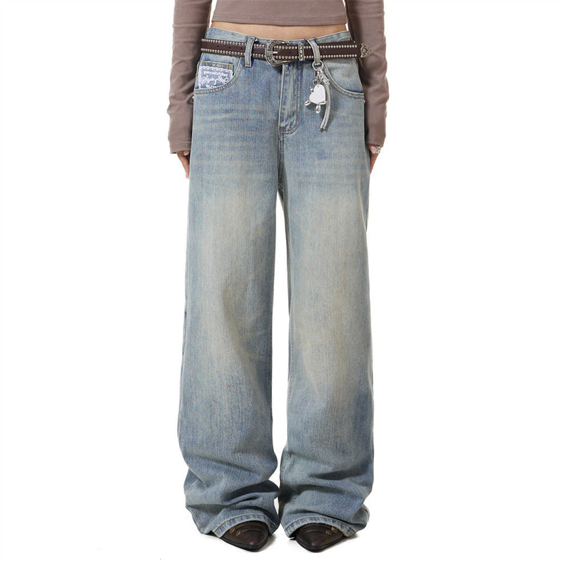 Men's wide-leg baggy jeans in vintage washed black and light blue denim with straight-cut silhouette